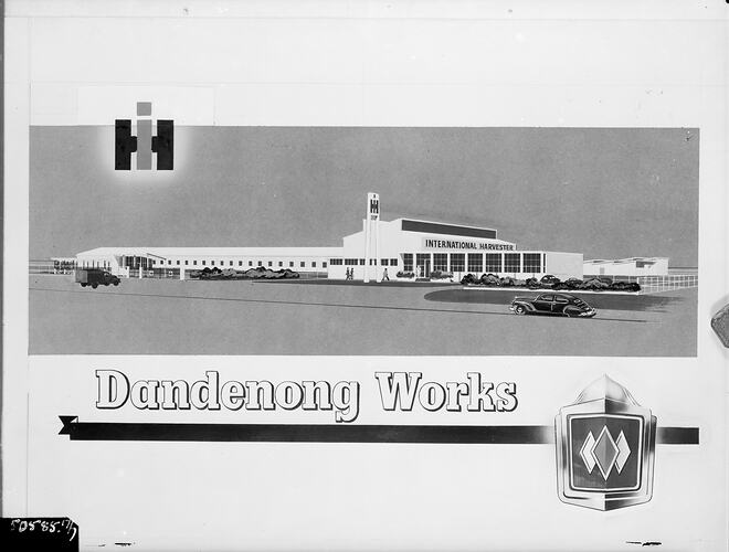 Exterior of International Harvester Dandenong building. IH logo above, text and three diamond logo below.