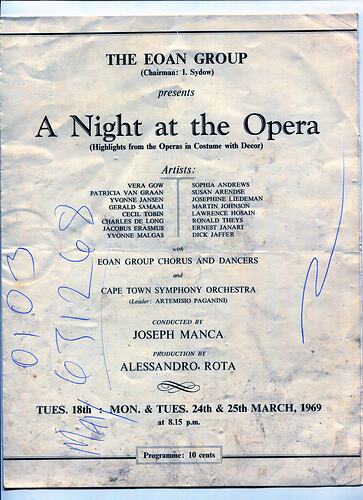 Programme - 'A Night at the Opera', Eoan Group, Cape Town, South Africa, Mar 1969