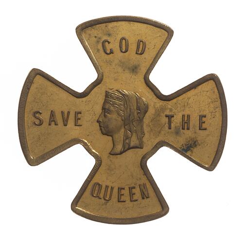 Cross shaped medal with female bust facing left at centre. Word in each arm of cross.