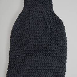 Back of grey crocheted water bottle cover.