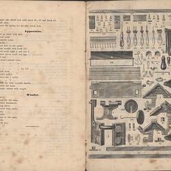Open booklet with off-white pages and black printed text on left and diagram on right.