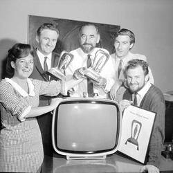 Negative - Advertising Industry Workers Celebrating Win of Three 'Television Society of Australia' Trophies for a Volkswagen Commercial, Melbourne, Victoria, Nov 1966