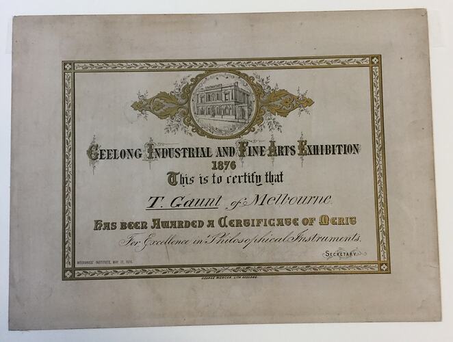 Certificate - Geelong Industrial and Fine Arts Exhibition, Certificate of Merit Awarded to Thomas Gaunt, 1876