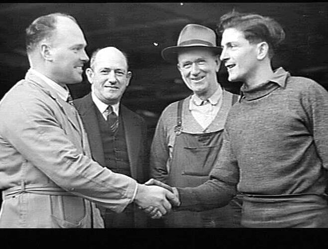 FACTORY QUOIT PLAYERS ..... FROM L TO R: BOB PAINE, TED HOLLINGSHEAD, CHARLIE STONEHOUSE AND FRANK TUCKWELL... `SUNSHINE REVIEW': JULY 1950