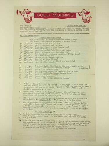 HT 54806, Newsletter -'Good Morning', SS Arcadia, 10 Jun 1967 (MIGRATION), Document, Registered