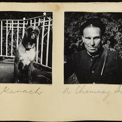 Two black and white photos on off-white page. Handwritten text in pencil. First image a dog, second is a man.