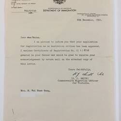 Letter - Australian Citizenship Registration, Mrs Mary Gung, 6 Dec 1962