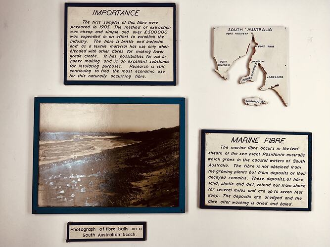 Five white exhibition panels featuring black text and white and white photo.
