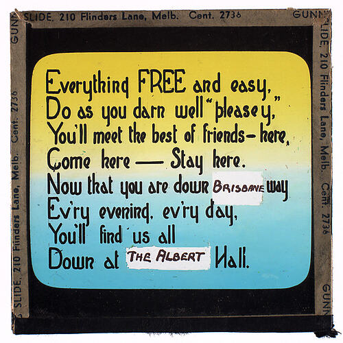 Lantern Slide - Universal Opportunity League, 'Everything Free and Easy'