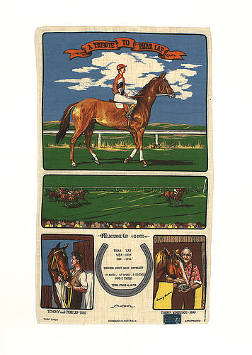 Tea towel, colour pictures of racehorse and man.