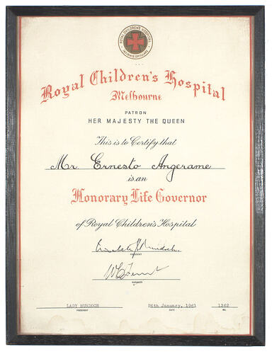 Framed Certificate - Royal Children's Hospital
