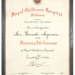 Certificate - Royal Children's Hospital, Framed, 1961