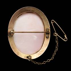 Back of pink oval shell cameo brooch in a 9ct plain gold setting. Gold chain and pin.