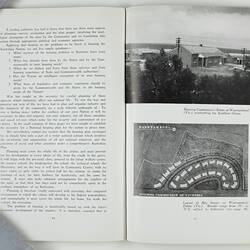 Open booklet with white pages and black printing. Houses and aerial street plan on right page.