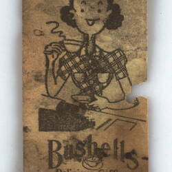 Cream coloured rectangular paper ticket printed with image of a woman making coffee in black ink.