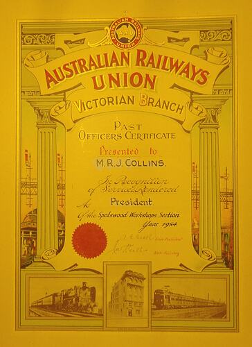 Union Certificate - Australian Railways Union, Victorian Branch, 1954