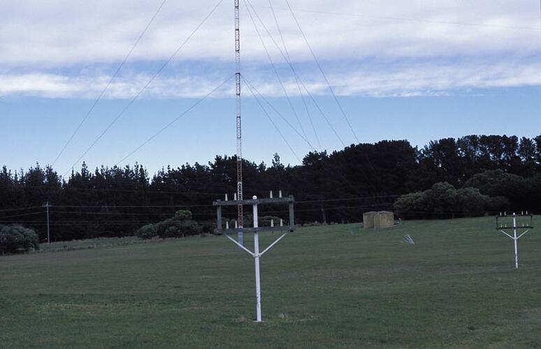 MM 028509 Feeder lines, and VHF aerial mast supported by nylon guy lines. Melbourne Coastal Radio Station, Cape Schanck, Victoria