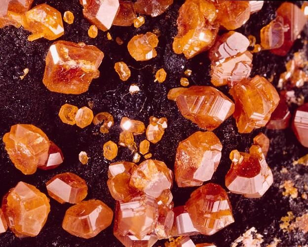 Orange crystals on a dark matrix.