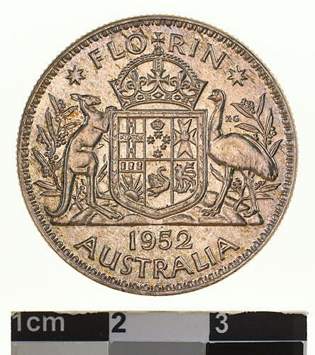 Specimen Coin - Florin (2 Shillings), Australia, 1952, photographed by Museums Victoria