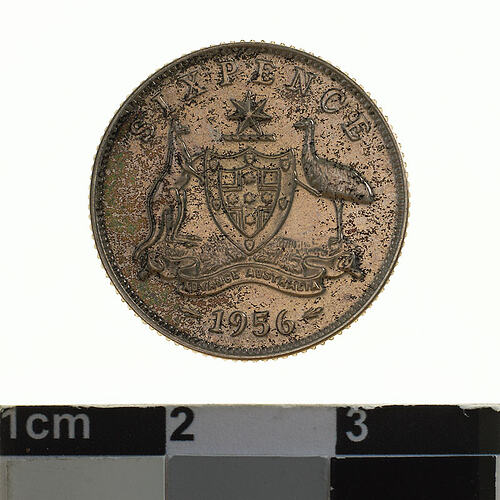 Proof Coin - Sixpence, Australia, 1956, photographed by Museums Victoria