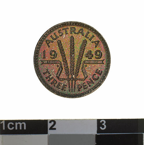 Proof Coin - Threepence, Australia, 1949, photographed by Museums Victoria