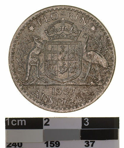 Coin - Florin (2 Shillings), Australia, 1957, photographed by Museums Victoria