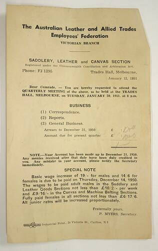 Leaflet - Meeting For The Allied Leather and Trades Employees' Federation