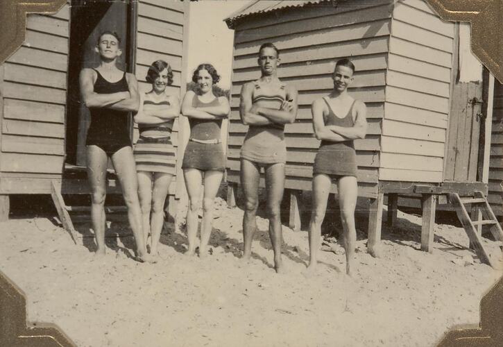 Digital Photograph - Friends & Family in Front of Bathing Boxes, Brighton Beach, circa 1930s