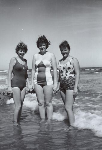 Digital Photograph - Three Women Wading at Beach, Torquay, 1962