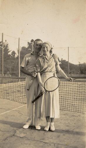 Digital Photograph - Man & Woman in Tennis Uniform with Racquets, Grace Park Tennis Club, Hawthorn, 1930-1939