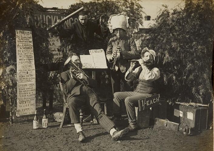 Digital Photograph - 'The Calithumpian Band', Four Men Pose with Musical Instruments, Backyard, Brunswick, circa 1913