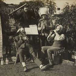Digital Photograph - 'The Calithumpian Band', Four Men Pose with Musical Instruments, Backyard, Brunswick, circa 1913