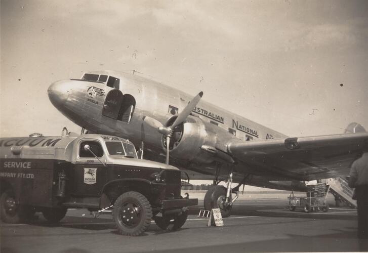 Digital Photograph - ANA DC3 Airplane Being Refuelled at Essendon Airport, 1948