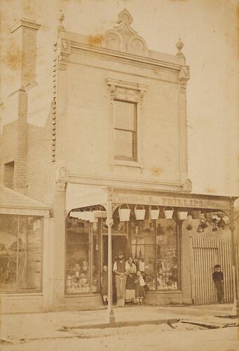Digital Photograph - Owner, Family & Staff Outside J Phillips Ironmongers, Abbotsford, circa 1873