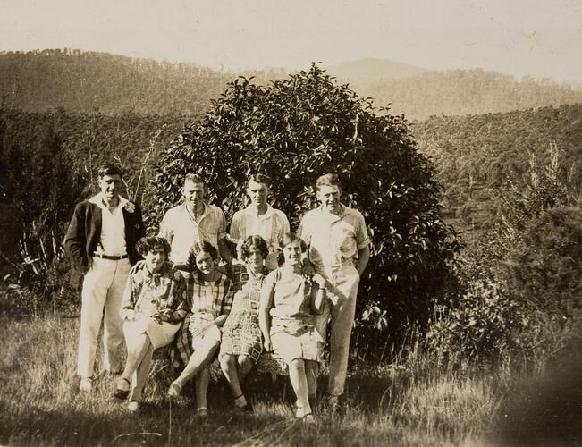 Digital Photograph - Eight Men & Women on Outing in Bushland, Healesville, circa 1930