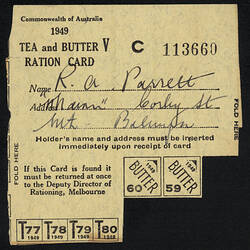 Ration Card - Tea and Butter, circa 1949