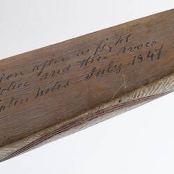 Wooden shield, Victoria (detail of inscrption)