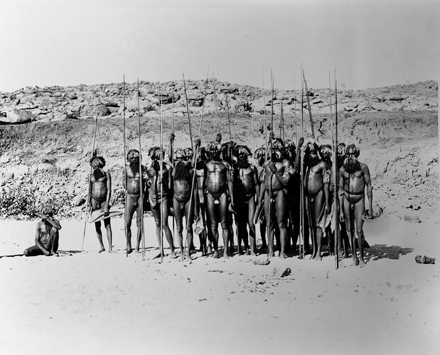 Atninga avenging party on return, with decorations denoting success, Alice Springs, Central Australia, 22 May 1901