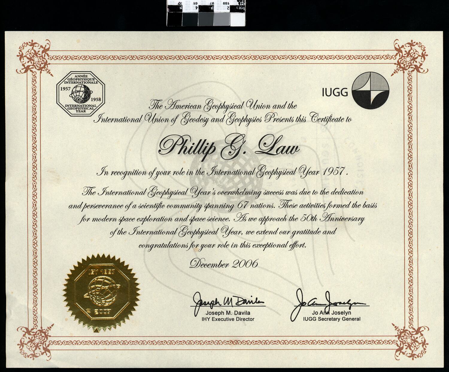 Certificate - International Geophysical Year, Presented to Phillip Law ...