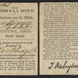 Monthly Railway Ticket; 1865