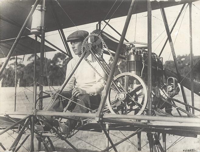 John Duigan at the Controls of his Biplane, Bendigo Racecourse, Victoria, 3 May 1911