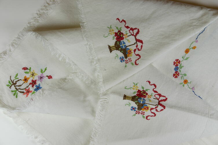 Supper Cloth - White with Cross Stitch Embroidery, circa 1940s