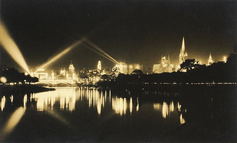 Photograph - State Electricity Commission, Melbourne Centenary Illuminations, Melbourne from the Yarra, Victoria, Australia, 1934