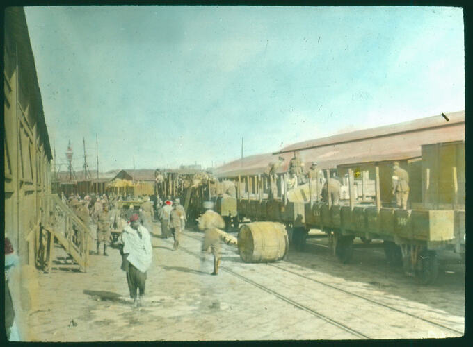 Lantern Slide - Soldiers Unloading Cargo in Railway Siding, circa 1915