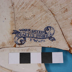 Twiffler Plate - Whiteware, Blue transfer-printed, Willow pattern, Podmore, Walker & Co, England, Tunstall,1834-1859 (Fragment, Flawed)