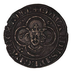 Coin, round, crowned bust of the King facing within a quatrefoil of three lines, flowers in the spandrels.