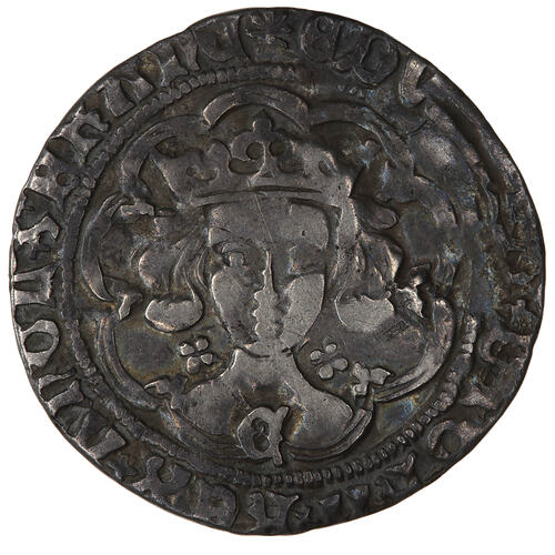 Coin, round, crowned bust of the King facing within a tressure of nine arches; text around.