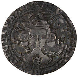 Coin, round, crowned bust of the King facing within a tressure of nine arches; text around.