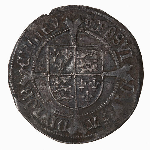 Coin, round, shield quartered with the arms of England and France, the shield is over a long cross.