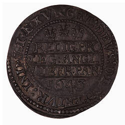 Coin, round, at centre within a beaded circle, three Shrewsbury plumes; text below and around.